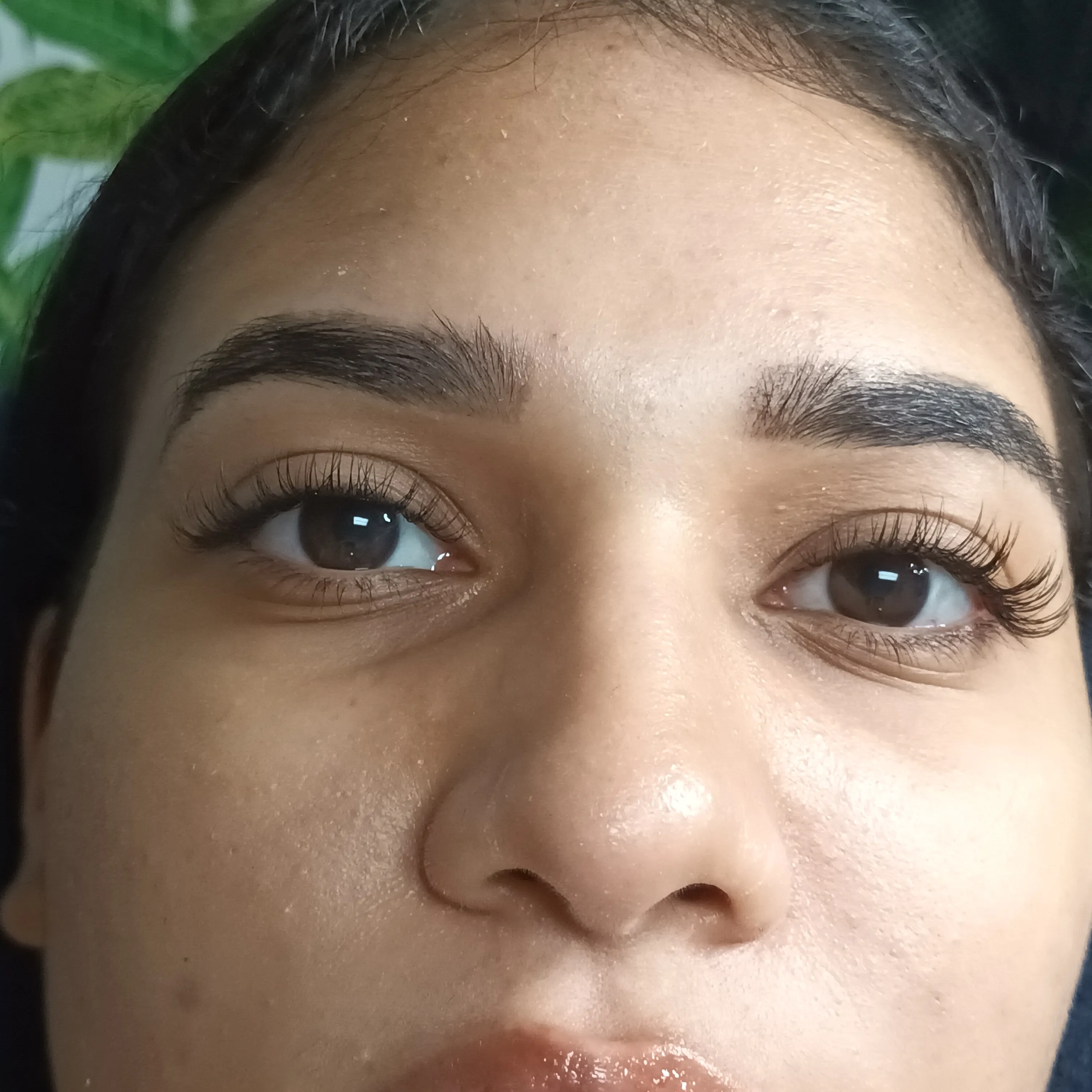 Close-up of wispy curled eyelash extensions framing both eyes.