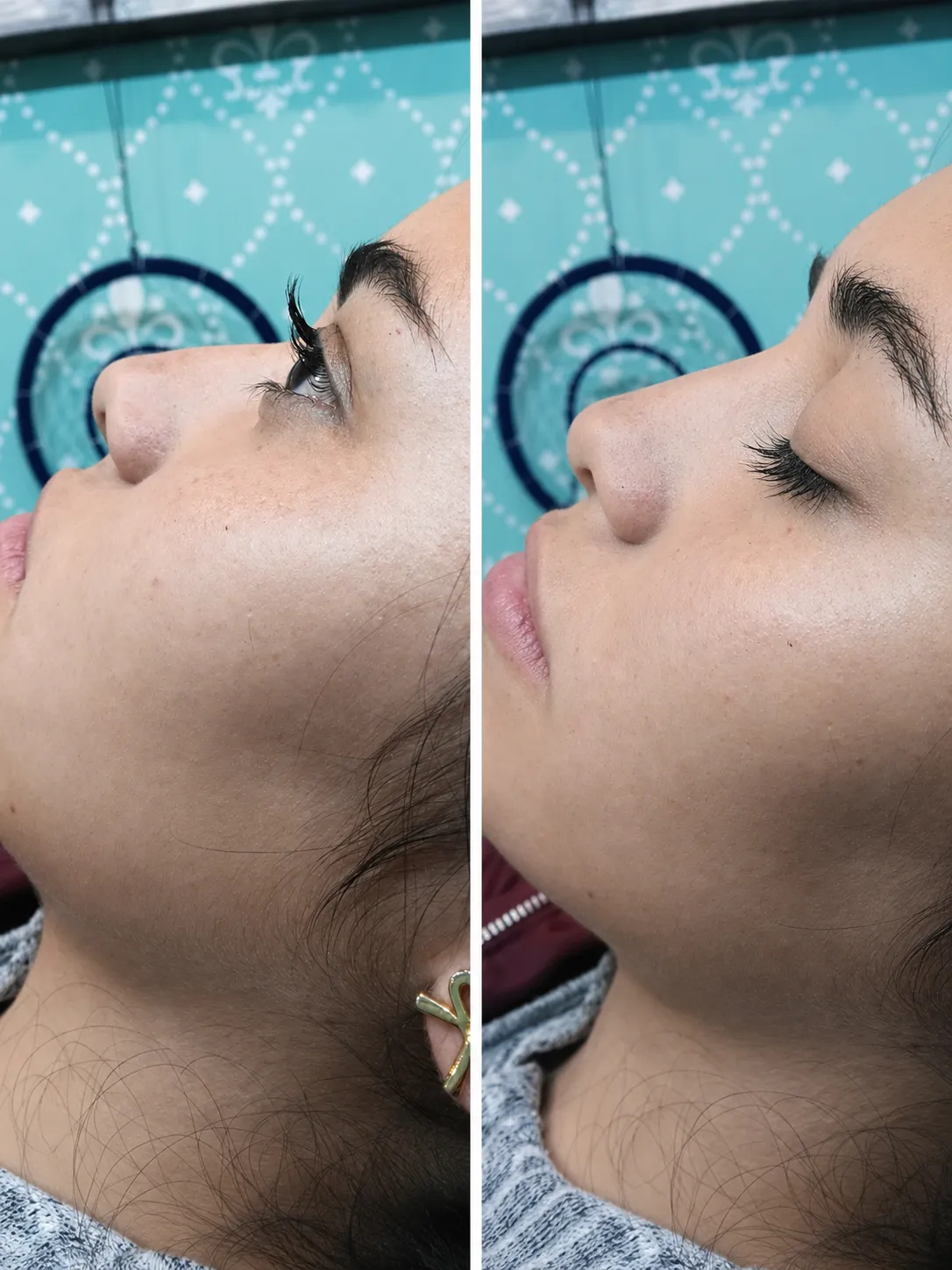 Side-by-side close-up of lifted eyelashes, shown with the eye open and closed.